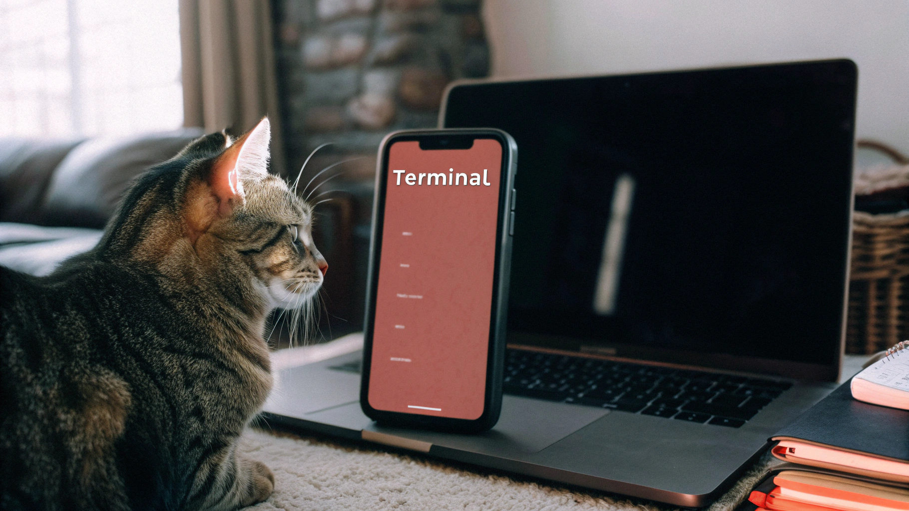 A cat staring at a phone displaying terminal output