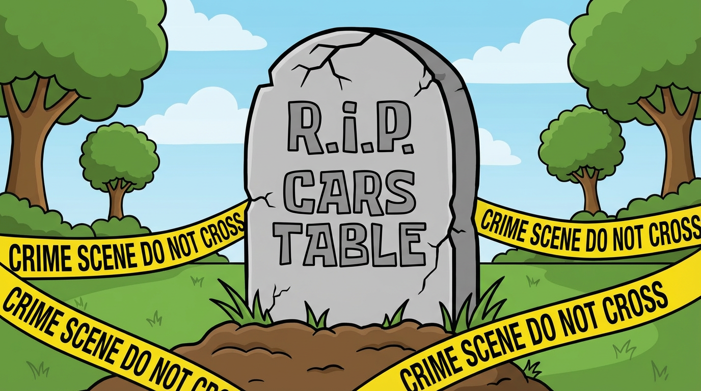 Cartoon graveyard with tombstone reading 'RIP TABLE CARS' and a sad ghost