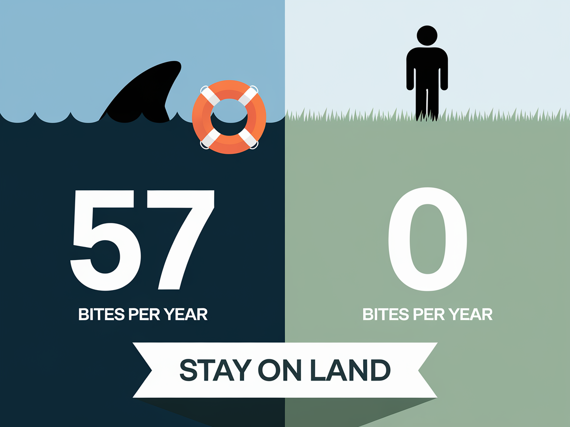 Shark Bite Prevention Infographic - 70 bites per year in water vs 0 on land